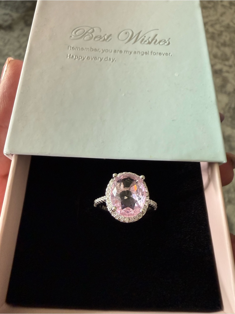 Pink Oval Halo Ring with 925 Silver Band — Women Jewelry